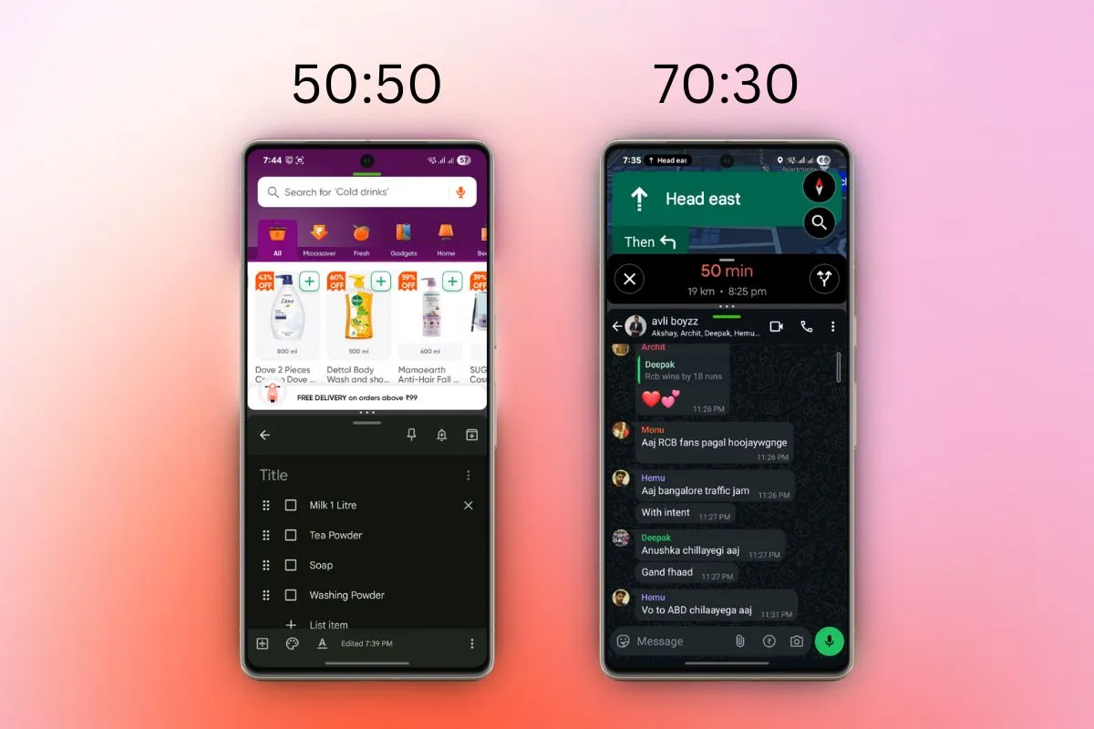 Android 16 50:50 and 70:30 split screen